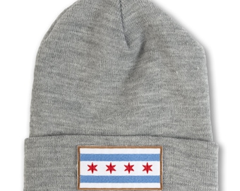 Chicago Flag Patch Beanie - Grey Beanie - Chicago Beanie, Chicago Gift, Chicago Hat, Chicago Flag Beanie, Designed and Assembled in Chicago