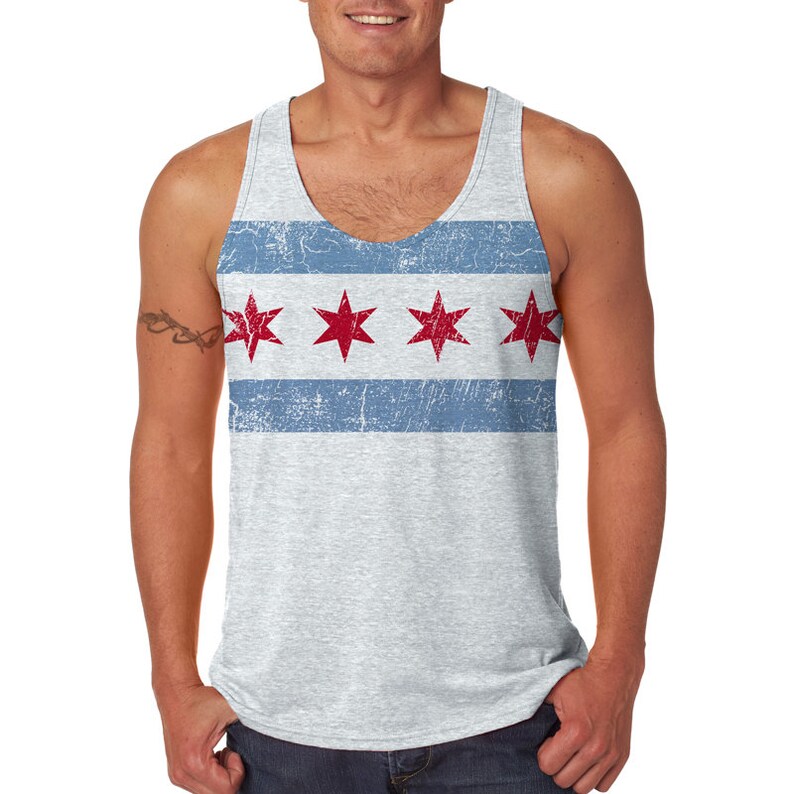 Distressed Chicago Flag Tank Unisex Perfect for Summer Cotton, Polyester and Rayon Blend Designed and Screen Printed in Chicago image 2