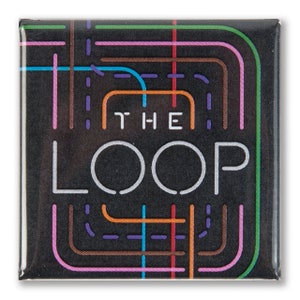 May include: A black square button with a colorful design of lines and curves. The text "THE LOOP" is in white letters in the center of the button.