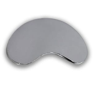 May include: A kidney-shaped, silver-colored object with a smooth, reflective surface. The object has a curved design with a slightly raised edge, and it appears to be made of metal. The shape is reminiscent of a bean.