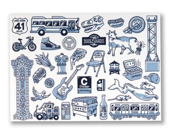 May include: A blue and white illustration of various Chicago landmarks and symbols, including a bus, a hot dog, a cow, a fire hydrant, a guitar, a pizza, a street sign, a bird, a street sweeper, a trash can, a bottle of Malört, a train, a mermaid, a rat, a dinosaur skull, a chair, a water tower, a cooler, a tamale, a hat, a key, a lightbulb, and a sign that says "Boulevards".