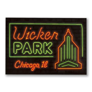 Wicker Park Neon Neighborhood Postcard- Chicago Postcard, Chicago Gift, Chicago Wicker Park Postcard, -Designed in our Chicago Studio