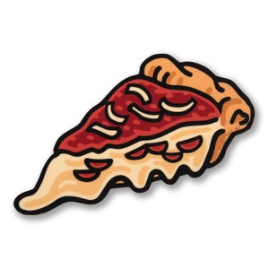 May include: A slice of pizza with a cartoon-style design. The pizza features a red sauce base, white cheese, and toppings including pepperoni and onions. The crust is a light brown color, and the overall design has a black outline.
