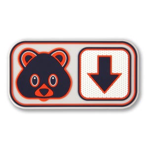 May include: A rectangular patch with a white background and an orange border. The patch features a black bear face with orange ears and nose on the left side and a black downward arrow on the right side.