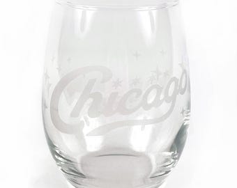 Chicago Vintage Script Wine Glass - Chicago Wine Glass, Chicago Gift, Chicago Glassware, Chicago Bar, Chicago Home Bar, -Designed in Chicago