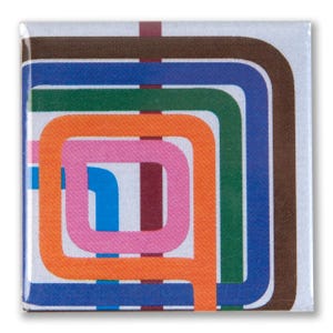 May include: A square-shaped button with a colorful abstract design. The design features overlapping curved lines in shades of brown, blue, green, orange, and pink.