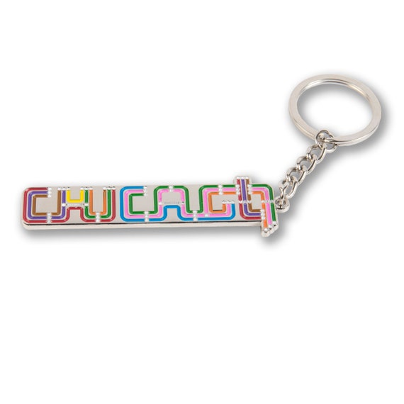 Chicago Transit Type Enamel Keychain With Silver Keyring Cast in