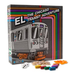 May include: The Chicago Transit Adventure board game box features a colorful illustration of a train with the words "EL" and "The Chicago Transit Adventure" on the front. The box is designed to look like a vintage train car.
