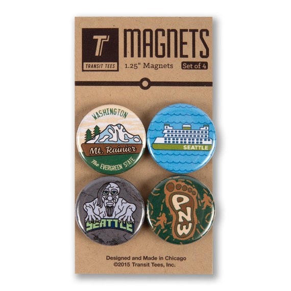 Seattle Adventure Round Magnet Pack - Seattle Magnets, Seattle Gift, Seattle Souvenir, Seattle Artwork, - Designed in our Creative Studio