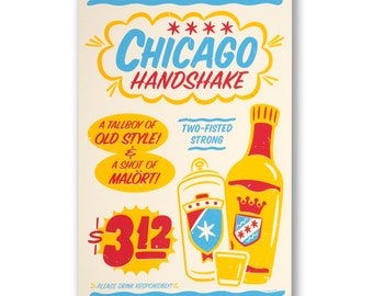 Chicago Handshake Printed Poster - 11" x 17" Poster - Old Style Poster, Malort Poster, Chicago Home decor, - Designed & Printed in Chicago
