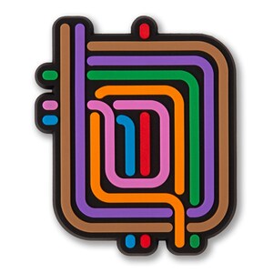 May include: A colorful abstract design with overlapping lines in shades of brown, purple, green, orange, pink, blue, and red.