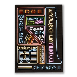 Edgewater Neon Neighborhood Postcard- Chicago Postcard, Chicago Gift, Edgewater Postcard, Chicago Edgewater, -Designed in our Chicago Studio