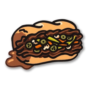 May include: A cartoon illustration of a brown and yellow Italian beef sandwich with green olives, carrots, and cauliflower.