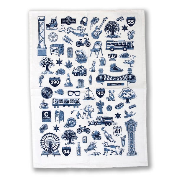 Chicago Icons Dish Towel - Chicago Towel, Chicago Home Decor, Chicago Gift, Chicago Symbols, - Designed & Produced in our Chicago Studio