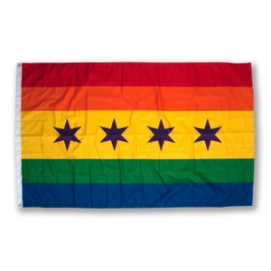 May include: A rainbow pride flag with four blue six-pointed stars in the center, representing the city of Chicago.