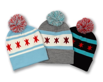 Chicago Flag Knit Hat with Pom - Chicago flag beanie, Chicago beanie, Chicago Flag Hat, Chicago gift, Designed in our Chicago Studio