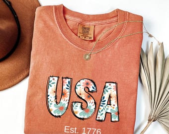 Comfort Colors Floral USA Shirt, American Girl Shirt, USA Est 1776 Shirt, Girly 4th of July Shirt, Patriotic Women Shirt, Flower USA Shirt