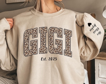 Custom Leopard Gigi Sweatshirt With Name on Sleeve, Personalized Gigi Sweatshirt, Mothers Day Gift, Gift for Gigi, Gigi Est. Sweatshirt