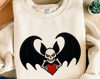Halloween Bat Skeleton Vampire Heart Sweatshirt, Spooky Gothic Skull Pullover, Scary Cute Halloween Crewneck, Halloween Sweatshirt