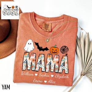 Custom Comfort Colors® Halloween Mama Shirt with Kids Name, Halloween Mimi Gigi Shirt, Spooky Mama Shirt, Personalized Mama Halloween Shirt