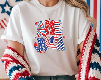 Koszulka Retro America, Flaga amerykańska, Koszulka 4 lipca, Czwarty lipca, Patriotyczny prezent USA, Damska koszulka graficzna, Komfortowe kolory, Koszulka USA