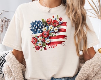 Comfort Colors® bloemenshirt Amerikaanse vlag, 4 juli-shirt dames, patriottisch shirt, bloemen VS-shirt, Memorial Day-cadeau, Independence Day