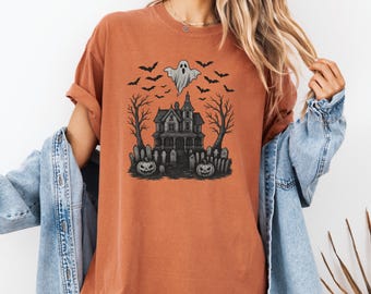 Vintage Haunted House Comfort Colors Shirt, Halloween Shirt, Summerween Shirt, Vintage Halloween Shirt, Bats Shirt, Spooky Season Shirt