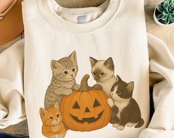 Vintage 90s Cat Halloween Sweatshirt, Retro Black Cat Pullover, Cute Kitten Pumpkin Crewneck, Spooky Season Fall Sweatshirt, Cat Lover