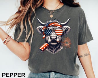 Camiseta del 4 de julio, camiseta de vaca de las Tierras Altas del 4 de julio, camiseta de Estados Unidos, camiseta patriótica, camiseta del Día de la Independencia, camiseta de los amantes de las vacas del 4 de julio