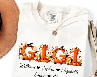 Custom Halloween Comfort Colors Shirt, Personalized Gigi Grandma Mimi Nana Tee, Fall Spooky Season Shirt, Custom Grandkids Name Shirt
