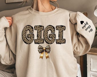 Custom Leopard Gigi Sweatshirt With Kid Name On Sleeve, Personalized Gigi Sweatshirt, Gift For Gigi, Christmas Gift Gigi Nana Sweatshirt