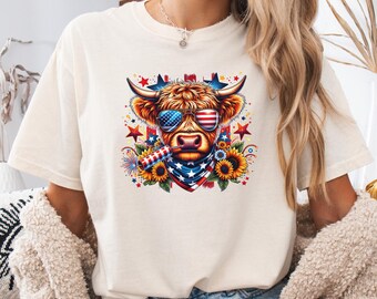 Camiseta del 4 de julio, camiseta de vaca de las Tierras Altas del 4 de julio, camiseta de Estados Unidos, camiseta patriótica, camiseta del Día de la Independencia, camiseta de los amantes de las vacas del 4 de julio