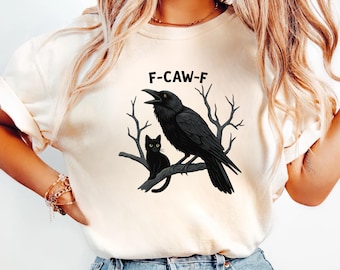 Halloween Shirt, Black Cat and Crow Shirt, F-Caw-F, Funny Spooky Shirt, Witchy T-Shirt, Raven Shirt, Cat Lover Gift, Fall Tee, Spooky Shirt