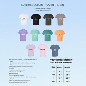 May include: A color chart for unisex youth t-shirts. The chart displays various colors, including white, black, pepper, and grey. The chart also includes a measurement specification report with sizes and dimensions.