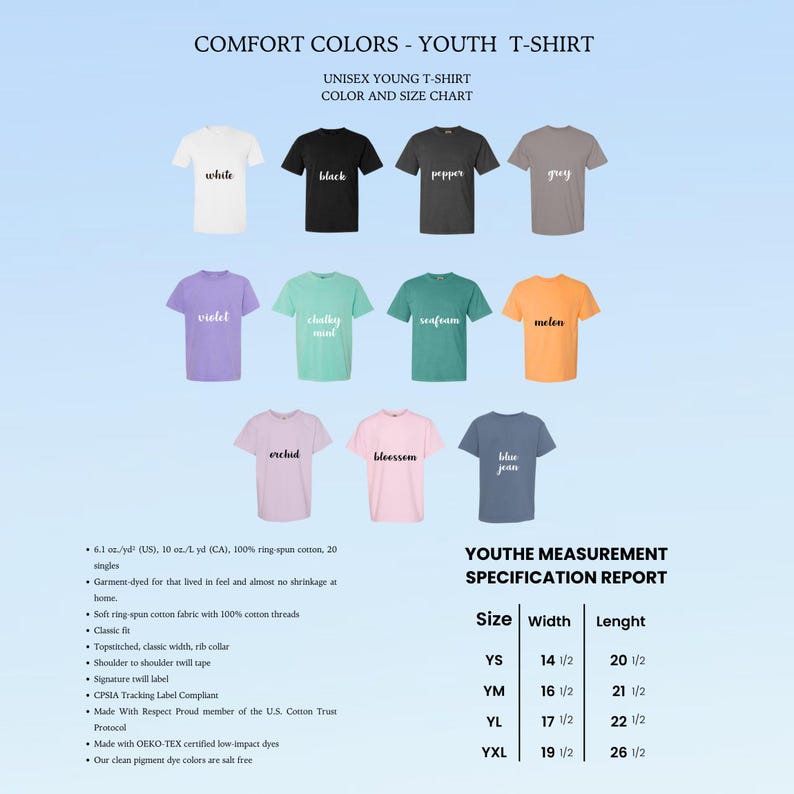May include: A color chart for unisex youth t-shirts. The chart displays various colors, including white, black, pepper, and grey. The chart also includes a measurement specification report with sizes and dimensions.