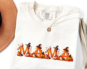 ハロウィン ママ コンフォートカラーズ® シャツ、ママ ハロウィン シャツ、不気味なママ シャツ、ママ ハロウィン、かわいいおばけシャツ、花柄のおばけシャツ