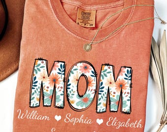 Camiseta personalizada para mamá con nombres de niños, camiseta floral para mamá, regalos para mamá, camiseta para el Día de la Madre, camiseta personalizada para mamá con nombres de niños, camiseta "Mamá mami".
