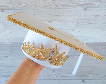 White Velvet Princess Graduation Cap with Gold Rhinestone Crown, Jeweled Tassel Topper, Custom Glam Grad Cap for Her
