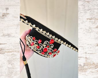Red Rhinestone Graduation Cap, Gold Jeweled Mortarboard Topper, Custom Keepsake