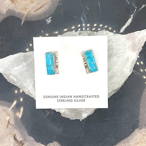 Navajo Handmade Sterling Silver Kingman Turquoise Earrings Made By Adrian Gilmore