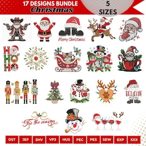 May include: A collection of 17 Christmas-themed embroidery designs. The designs include Santa Claus, snowmen, nutcrackers, a cat in a sleigh, and festive text. The designs are available in 5 sizes and various file formats.