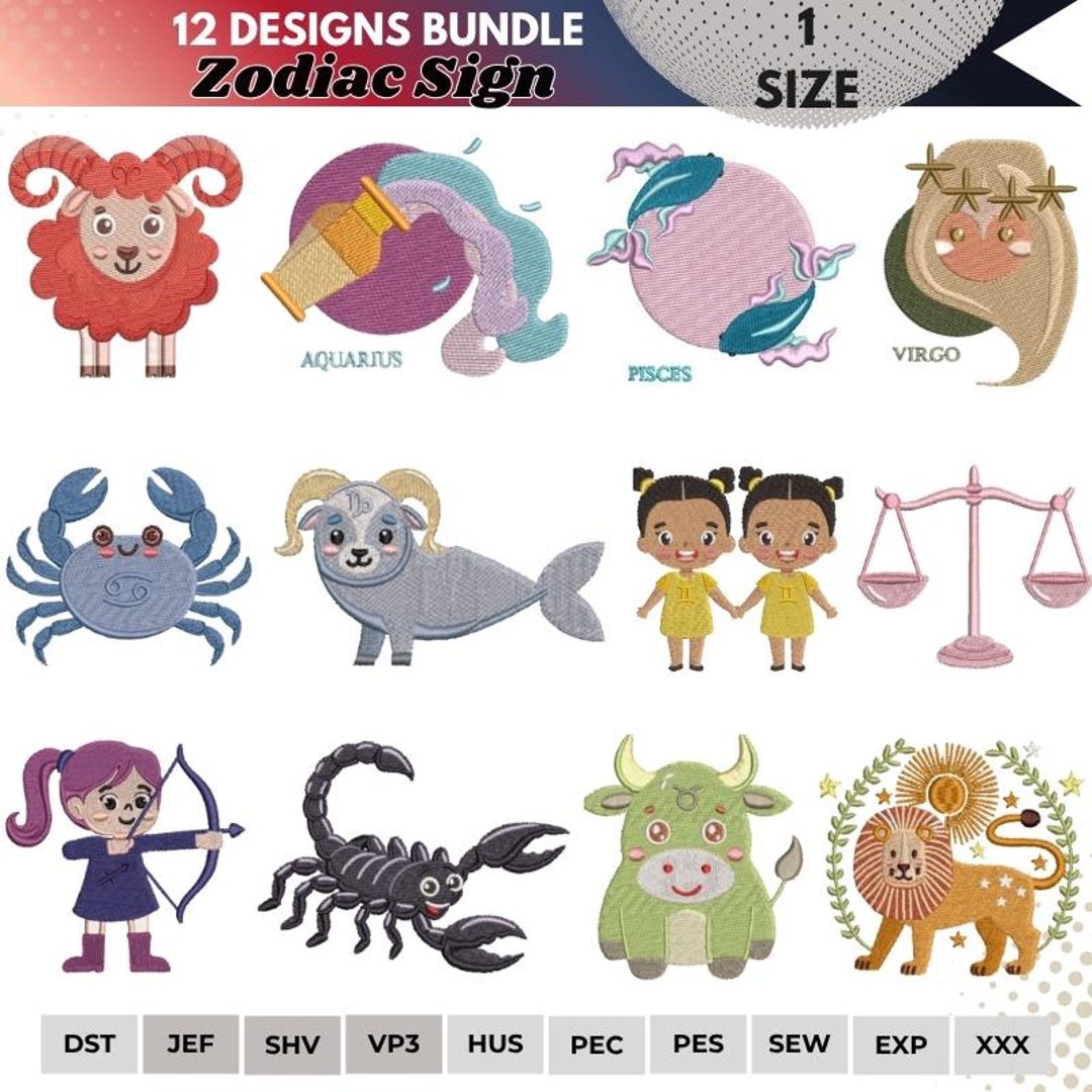 12 Horoscope Patterns Zodiac Signs Embroidery Designs Bundle, Astrology ...