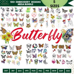 Peut inclure: Un ensemble de motifs de broderie numériques avec plus de 100 motifs de papillons de différents styles. Les motifs comprennent des illustrations colorées et en noir et blanc, avec le mot "Butterfly" en grande écriture rouge. Le texte "5 SIZES" est également présent.