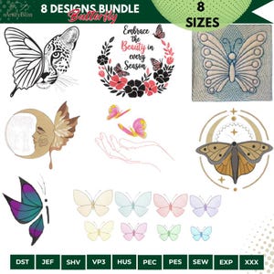 8 Schmetterling Stickmotive Bundle, 8 Schmetterling Maschinenstickerei Designs, Schmetterling Stickdateien, Schmetterling Art Bundle