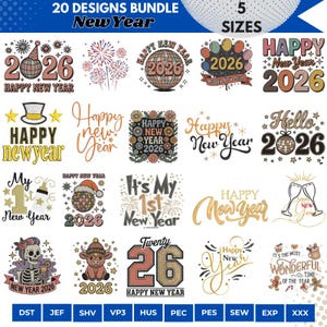 以下が含まれることがあります： 20種類の新年デザインのバンドル。花火やディスコボールなどの祝祭的な要素と「2026」の年号が特徴です。「Happy New Year」などのフレーズも含まれています。ファイル形式のラベルも表示されています。