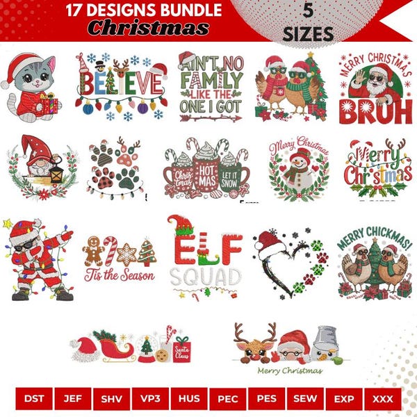 17 Christmas Embroidery Designs Bundle, Machine Files, Santa, Snowman, Elf, Merry Quotes, Holiday Art, Xmas Digital