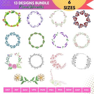 May include: A collection of 13 floral wreath designs in various styles and colors, including green leaves, red berries, and pink flowers. The image also includes the text "13 DESIGNS BUNDLE Floral Wreaths" and "6 SIZES".