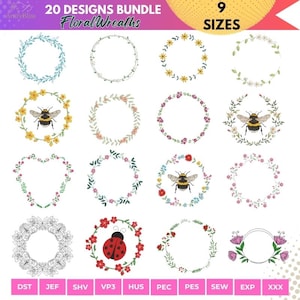 May include: A digital design bundle featuring 20 floral wreath designs in various styles. The wreaths include flowers, leaves, and a ladybug. The image also includes the text "20 DESIGNS BUNDLE Floral Wreaths" and "9 SIZES".