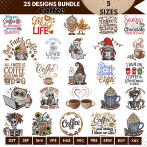 Könnte beinhalten: Ein digitales Design-Bundle mit 25 Designs zum Thema Kaffee. Designs beinhalten Texte wie "Mug Life", "Coffee" und "I run on coffee". Die Designs eignen sich für verschiedene Bastelprojekte.