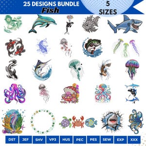 Pode incluir: Imagem com 25 designs de bordado com tema de peixes, incluindo um golfinho, um tubarão e uma água-viva, em 5 tamanhos. Os designs estão disponíveis em vários formatos de arquivo. O texto "25 DESIGNS BUNDLE Fish" está no topo.